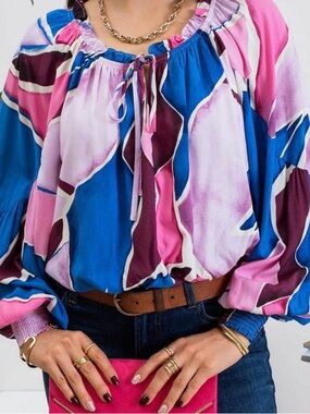 Women's Abstract Print Peasant Blouse in Pink & Blue